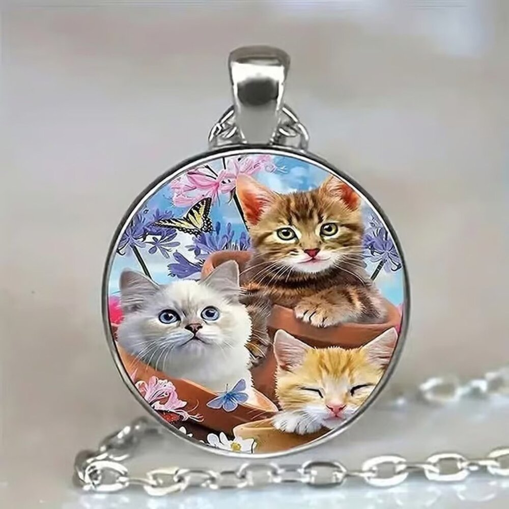 Silver KITTY CAT Glass Cabochon Pendant Necklace